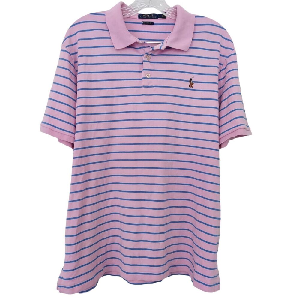 Polo Ralph Lauren Polo Shirt Men's Large Pink Blue Stripe Classic Fit